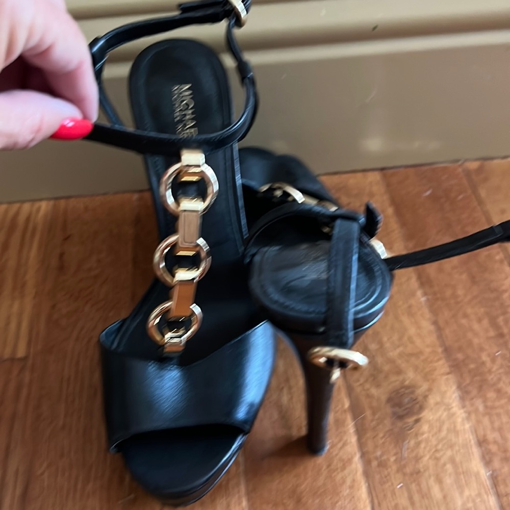 Michael Kors black ankle strap heels with gold accent size 7.5